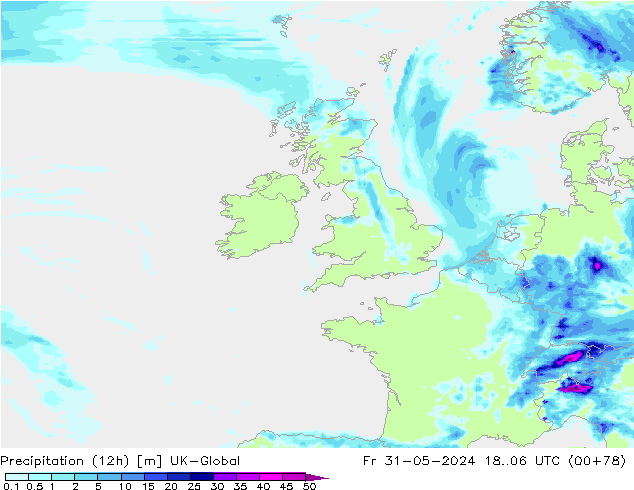 Totale neerslag (12h) UK-Global vr 31.05.2024 06 UTC