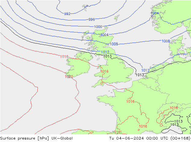 Surface pressure UK-Global Tu 04.06.2024 00 UTC