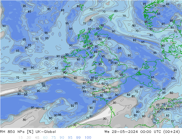 RH 850 гПа UK-Global ср 29.05.2024 00 UTC