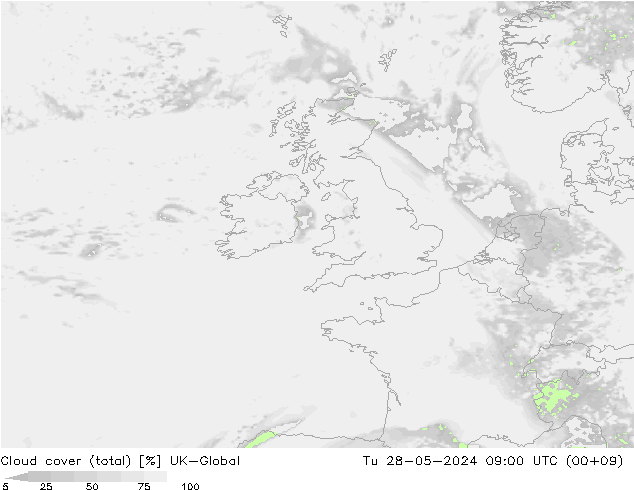 Cloud cover (total) UK-Global Tu 28.05.2024 09 UTC