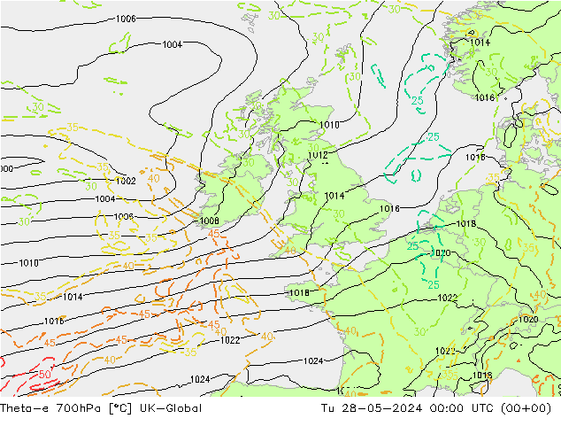 Theta-e 700hPa UK-Global Ter 28.05.2024 00 UTC