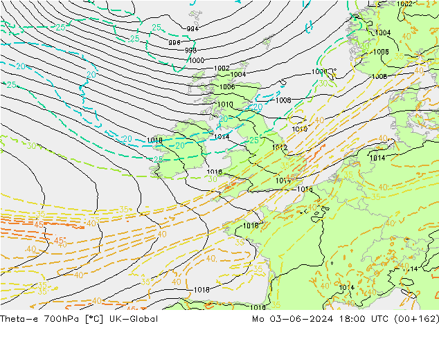 Theta-e 700hPa UK-Global Po 03.06.2024 18 UTC