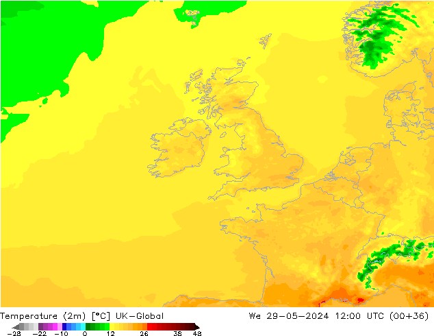 Temperatura (2m) UK-Global mié 29.05.2024 12 UTC