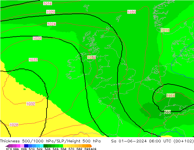 500-1000 hPa Kalınlığı UK-Global Cts 01.06.2024 06 UTC