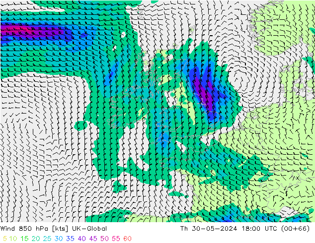 Wind 850 hPa UK-Global Čt 30.05.2024 18 UTC