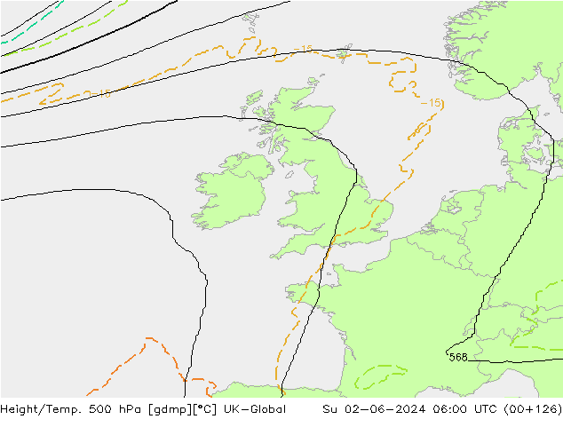 Height/Temp. 500 hPa UK-Global So 02.06.2024 06 UTC