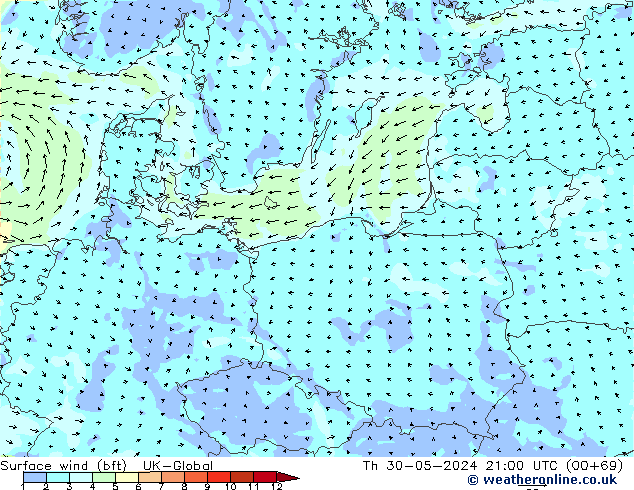 Surface wind (bft) UK-Global Čt 30.05.2024 21 UTC