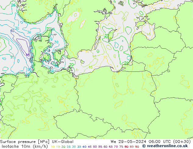 Isotachs (kph) UK-Global mer 29.05.2024 06 UTC