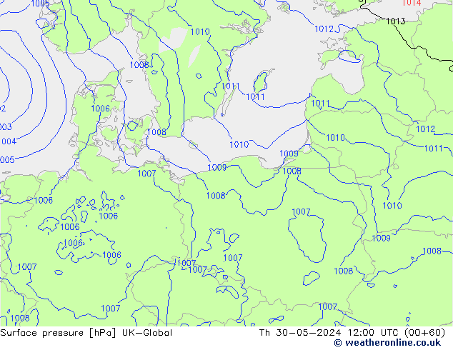 Pressione al suolo UK-Global gio 30.05.2024 12 UTC