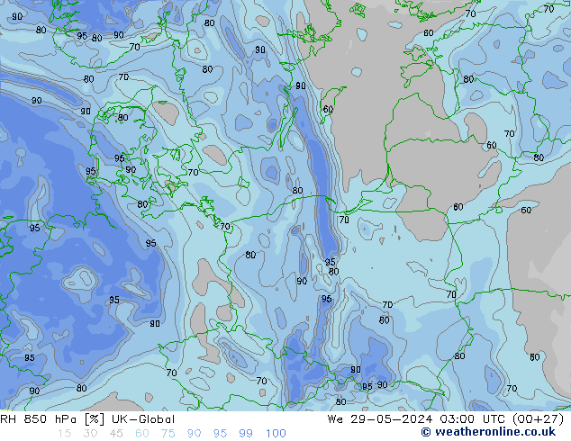 RH 850 hPa UK-Global We 29.05.2024 03 UTC