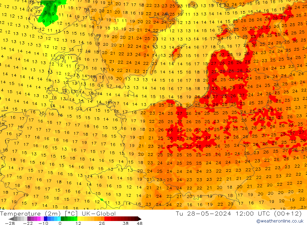 Temperature (2m) UK-Global Tu 28.05.2024 12 UTC