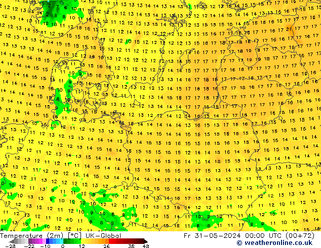 Temperature (2m) UK-Global Fr 31.05.2024 00 UTC