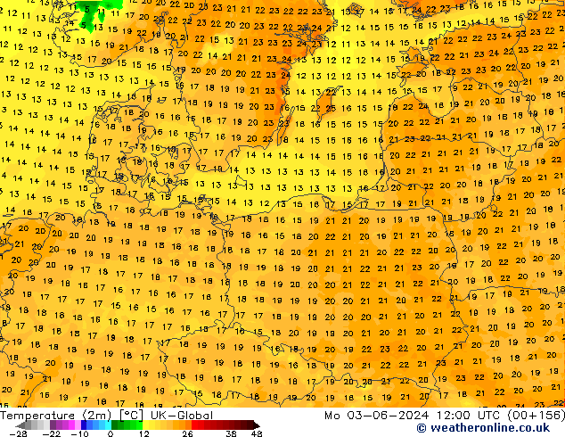 mapa temperatury (2m) UK-Global pon. 03.06.2024 12 UTC