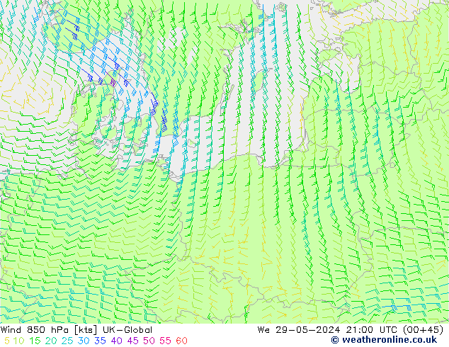 Vento 850 hPa UK-Global Qua 29.05.2024 21 UTC