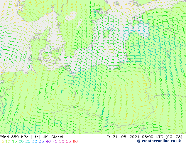 Viento 850 hPa UK-Global vie 31.05.2024 06 UTC