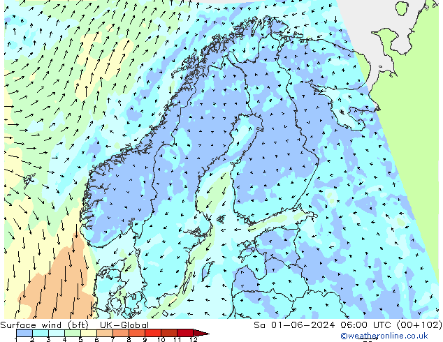 Rüzgar 10 m (bft) UK-Global Cts 01.06.2024 06 UTC
