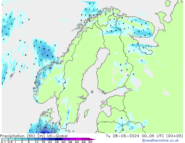 Precipitation (6h) UK-Global Tu 28.05.2024 06 UTC