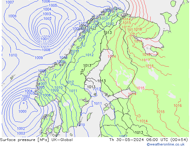 Surface pressure UK-Global Th 30.05.2024 06 UTC