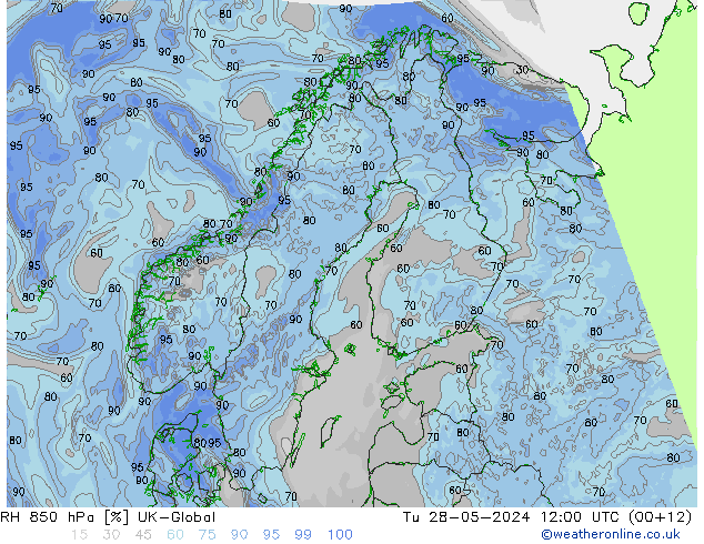 RH 850 hPa UK-Global Út 28.05.2024 12 UTC