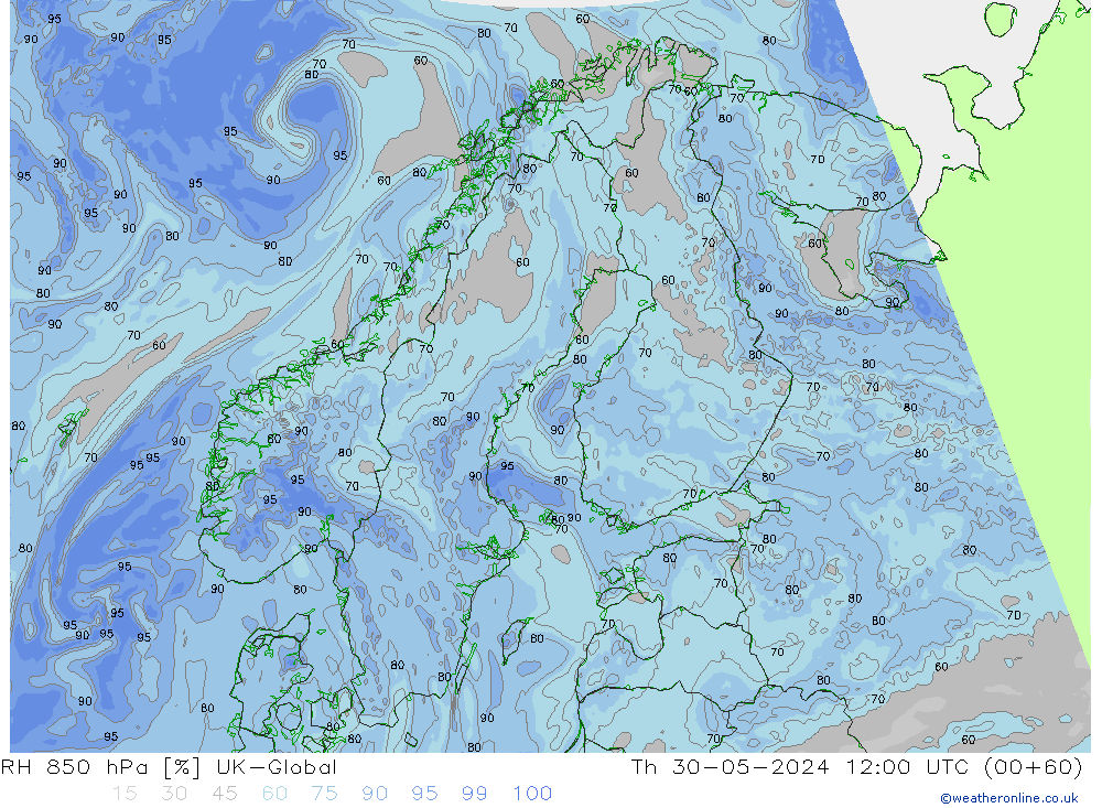 RH 850 hPa UK-Global gio 30.05.2024 12 UTC