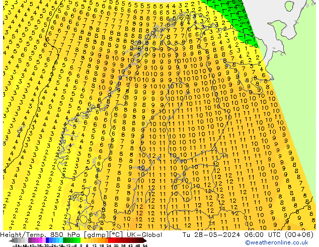 Height/Temp. 850 гПа UK-Global вт 28.05.2024 06 UTC