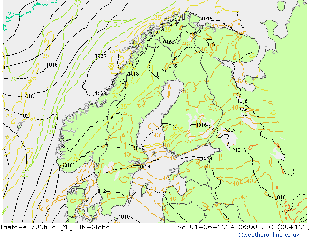 Theta-e 700hPa UK-Global Cts 01.06.2024 06 UTC