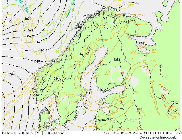 Theta-e 700hPa UK-Global Su 02.06.2024 00 UTC