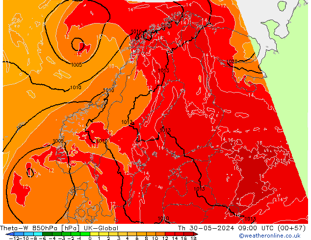 Theta-W 850hPa UK-Global Qui 30.05.2024 09 UTC