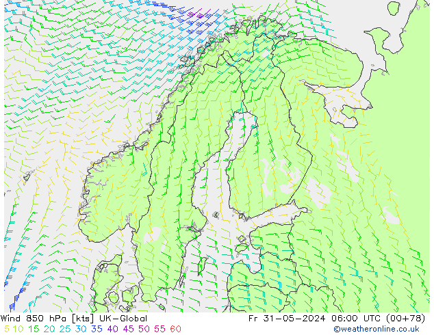 wiatr 850 hPa UK-Global pt. 31.05.2024 06 UTC