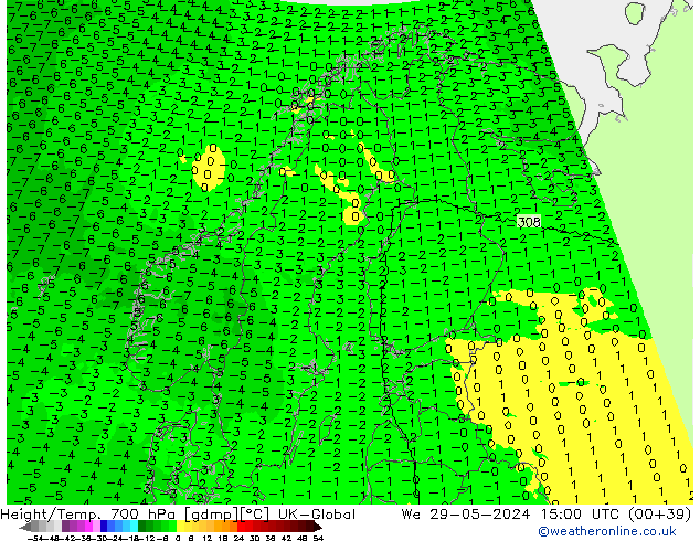 Height/Temp. 700 hPa UK-Global  29.05.2024 15 UTC