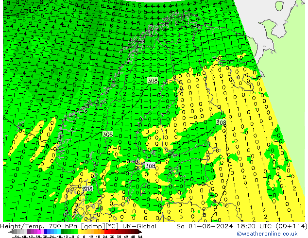 Height/Temp. 700 гПа UK-Global сб 01.06.2024 18 UTC