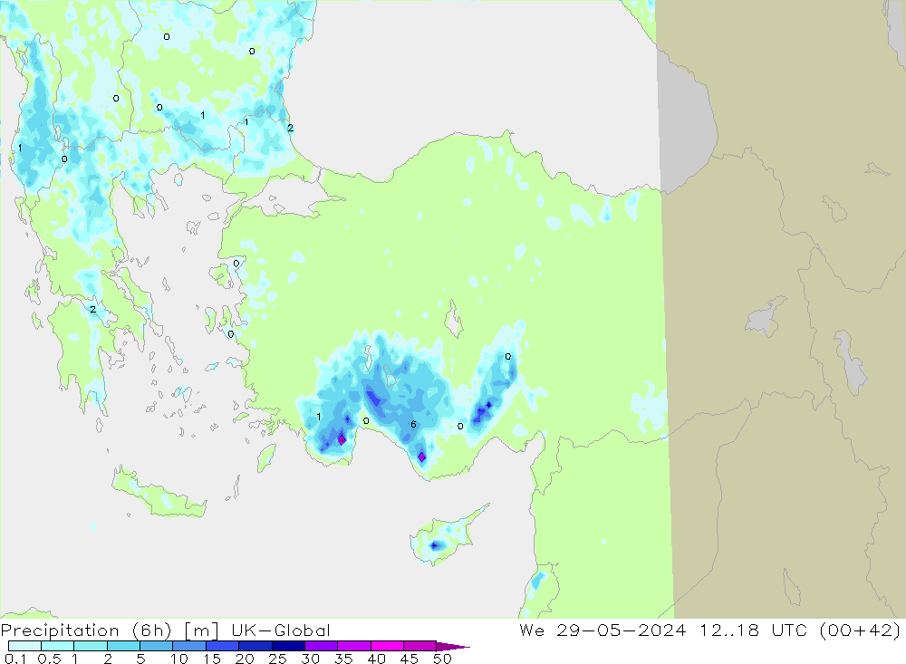 Precipitação (6h) UK-Global Qua 29.05.2024 18 UTC