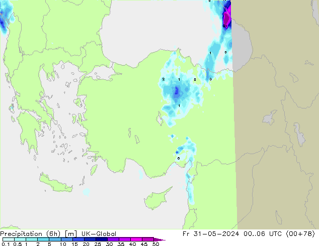 Precipitation (6h) UK-Global Fr 31.05.2024 06 UTC