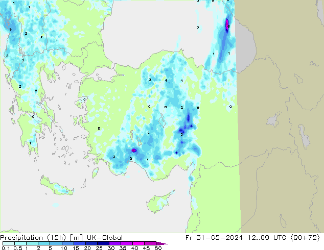 Precipitation (12h) UK-Global Fr 31.05.2024 00 UTC