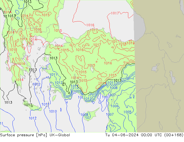 Surface pressure UK-Global Tu 04.06.2024 00 UTC