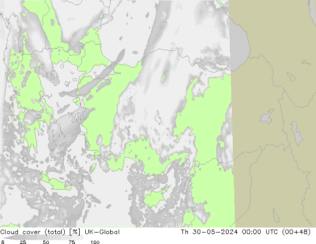 Nubes (total) UK-Global jue 30.05.2024 00 UTC