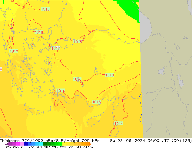 700-1000 hPa Kalınlığı UK-Global Paz 02.06.2024 06 UTC