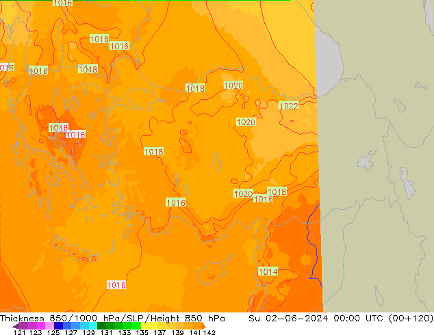 Thck 850-1000 гПа UK-Global Вс 02.06.2024 00 UTC