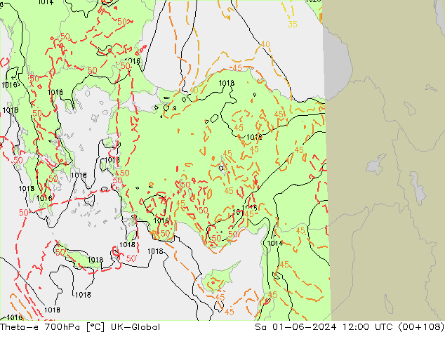 Theta-e 700гПа UK-Global сб 01.06.2024 12 UTC