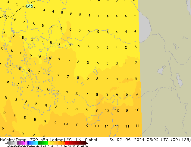 Height/Temp. 700 hPa UK-Global nie. 02.06.2024 06 UTC
