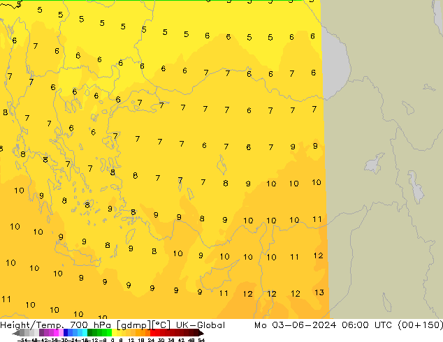 Height/Temp. 700 hPa UK-Global lun 03.06.2024 06 UTC