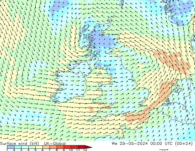 Surface wind (bft) UK-Global St 29.05.2024 00 UTC