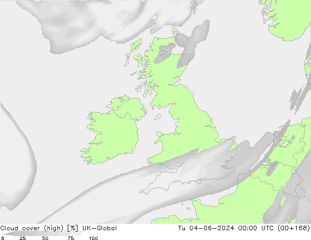 Cloud cover (high) UK-Global Tu 04.06.2024 00 UTC