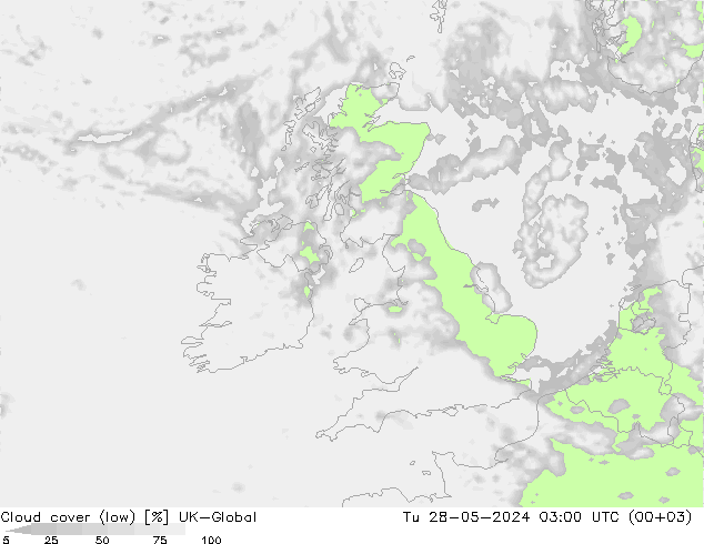 Cloud cover (low) UK-Global Tu 28.05.2024 03 UTC