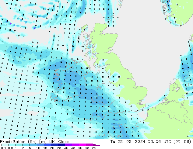 Precipitation (6h) UK-Global Tu 28.05.2024 06 UTC