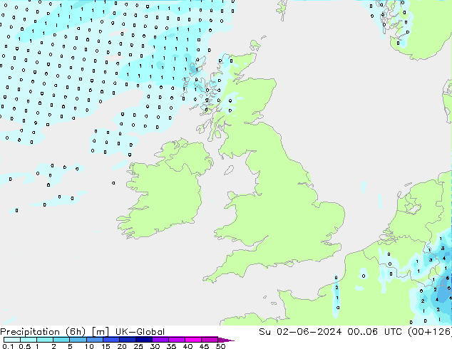 Precipitazione (6h) UK-Global dom 02.06.2024 06 UTC