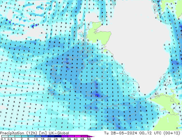 Precipitation (12h) UK-Global Út 28.05.2024 12 UTC