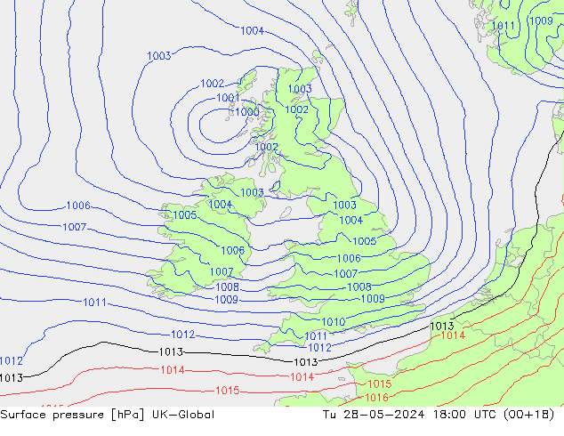 Surface pressure UK-Global Tu 28.05.2024 18 UTC