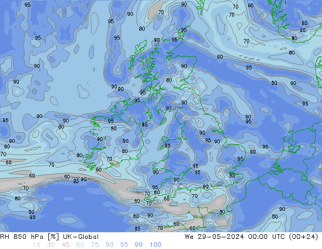 Humidité rel. 850 hPa UK-Global mer 29.05.2024 00 UTC