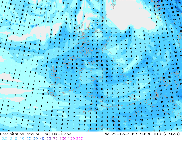 Precipitation accum. UK-Global St 29.05.2024 09 UTC